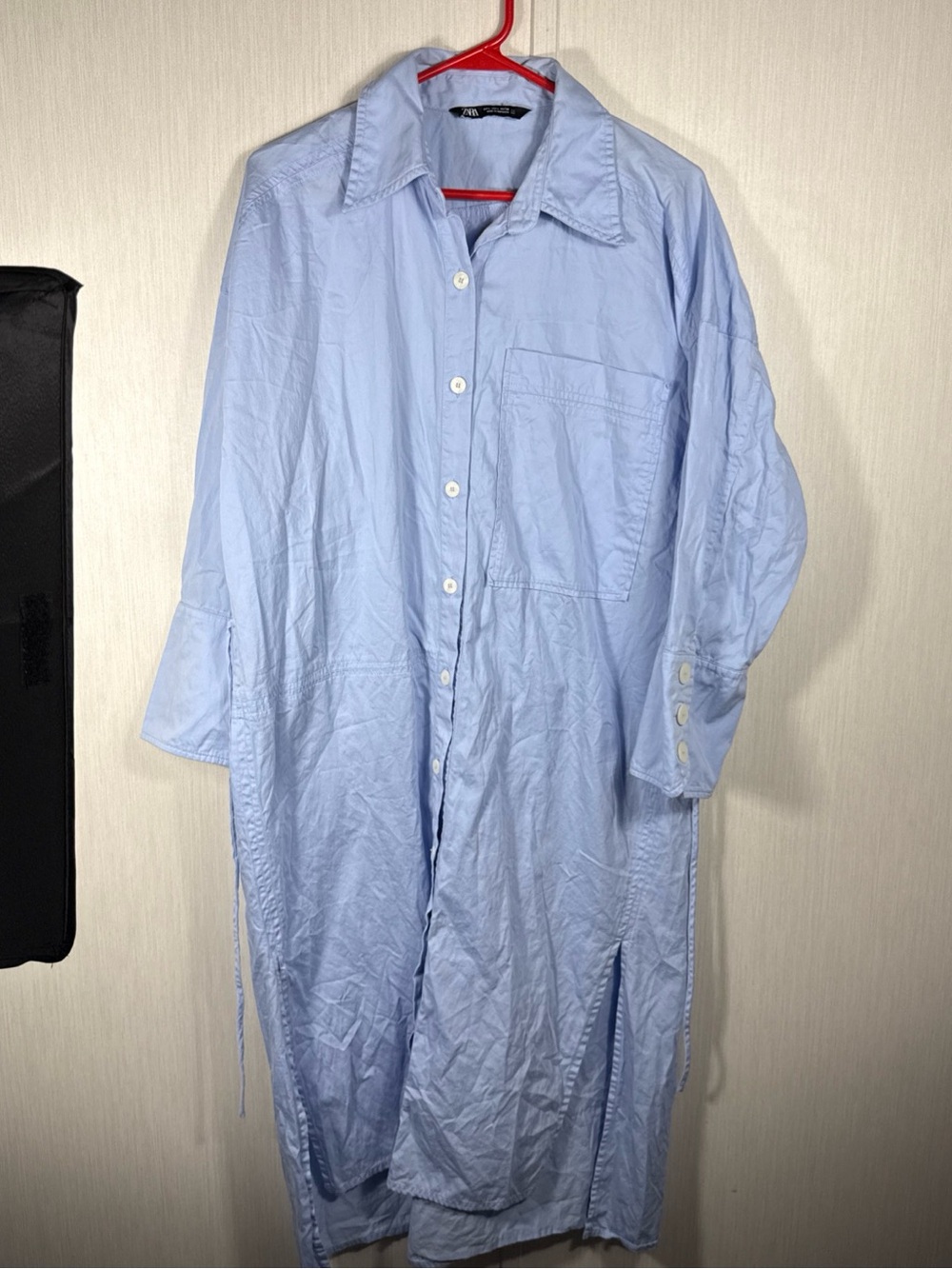 ZARA L Light Wash Chambray Oversized Button Down Shirt Dress Midi Blue Tie Back